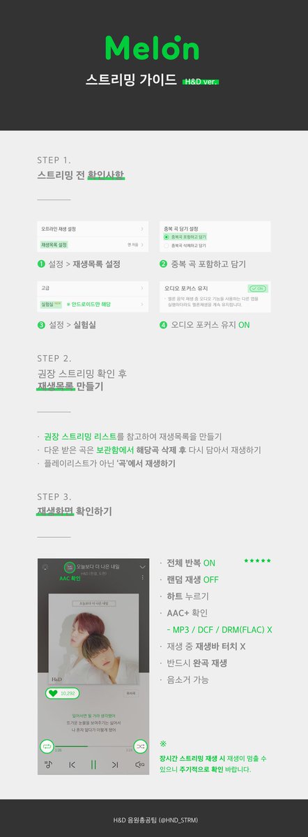 HND_STRM's tweet photo. ✨ 음원 사이트별 스트리밍 가이드 ✨

🌟 집계 누락 방지를 위해 아래 가이드를 잘 숙지하여 스밍해주시면 감사하겠습니다!
🌟 절대 음총팀에 제출한 아이디로 스트리밍, 다운로드 하시면 안됩니다!

💚멜론 지니 벅스❤ https://t.co/JioEdAMRg0