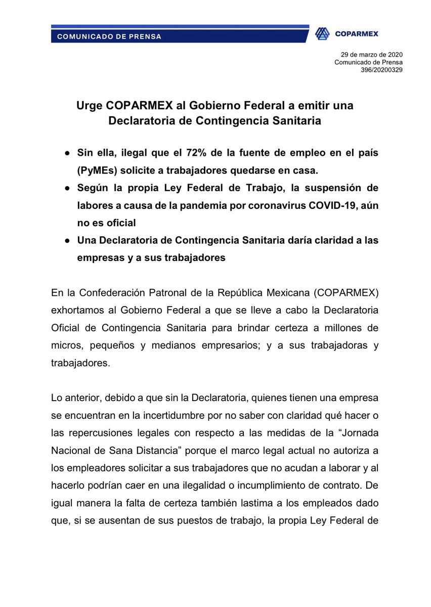 Coparmex's tweet photo. Urgimos al @GobiernoMX a emitir una Declaratoria de Contingencia Sanitaria en beneficio de millones de trabajadoras y trabajadores de micro, pequeñas y medianas empresas. #ComunicadoCoparmex https://t.co/HeVN1chL4a https://t.co/Rmc9a5f8oR