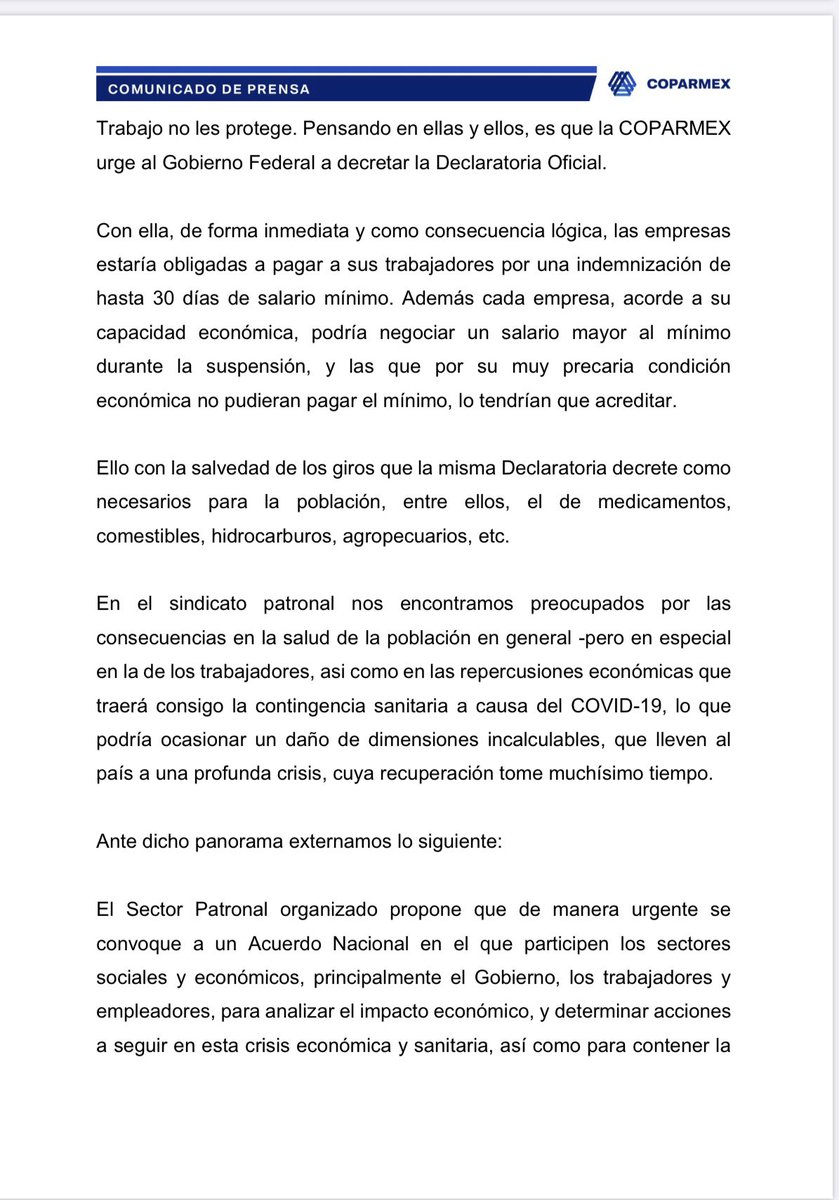 Coparmex's tweet photo. Urgimos al @GobiernoMX a emitir una Declaratoria de Contingencia Sanitaria en beneficio de millones de trabajadoras y trabajadores de micro, pequeñas y medianas empresas. #ComunicadoCoparmex https://t.co/HeVN1chL4a https://t.co/Rmc9a5f8oR