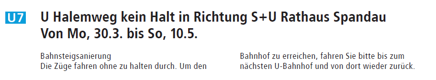 BVG_Ubahn's tweet photo. U7: Noch bis 10.05.2020 U Halemweg kein Halt in Richtung S+U Rathaus Spandau. Um den Bahnhof zu erreichen, fahren Sie bitte bis zum nächsten U-Bahnhof und von dort wieder zurück. #BVG https://t.co/q37dwDV9Ya