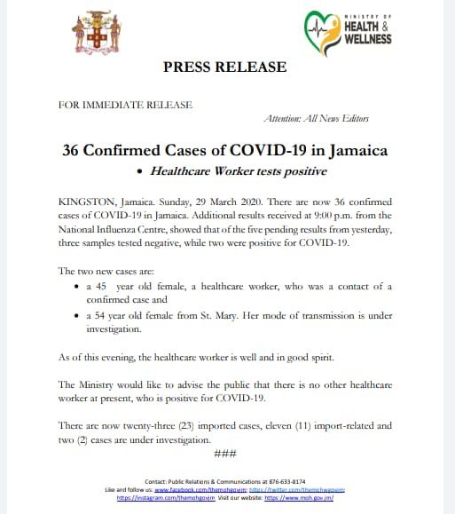 AndrewHolnessJM's tweet photo. There are now 36 confirmed cases of COVID-19 in Jamaica. https://t.co/mDh2CZVdTX