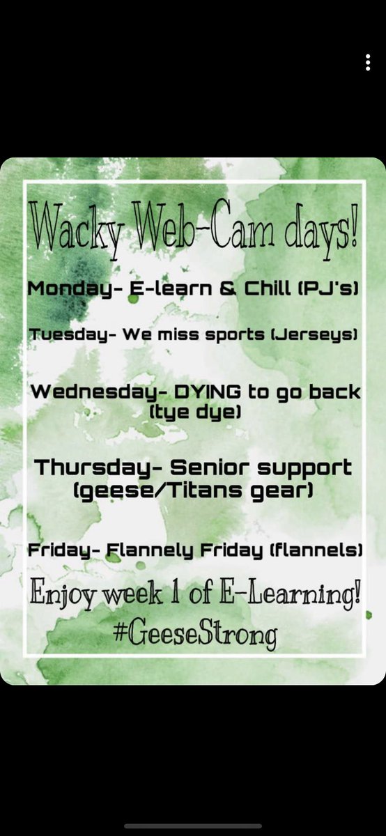 geesefans's tweet photo. For this week here are the dress up days for at home! Staff and students are encouraged to participate to show your school spirit! Post lots of pictures and spread the word! #oneblockoneflock #geesespirit @AWTitanTrack @ABlair230 @Geesecoach @awtitansfb https://t.co/79FVn1BPQj