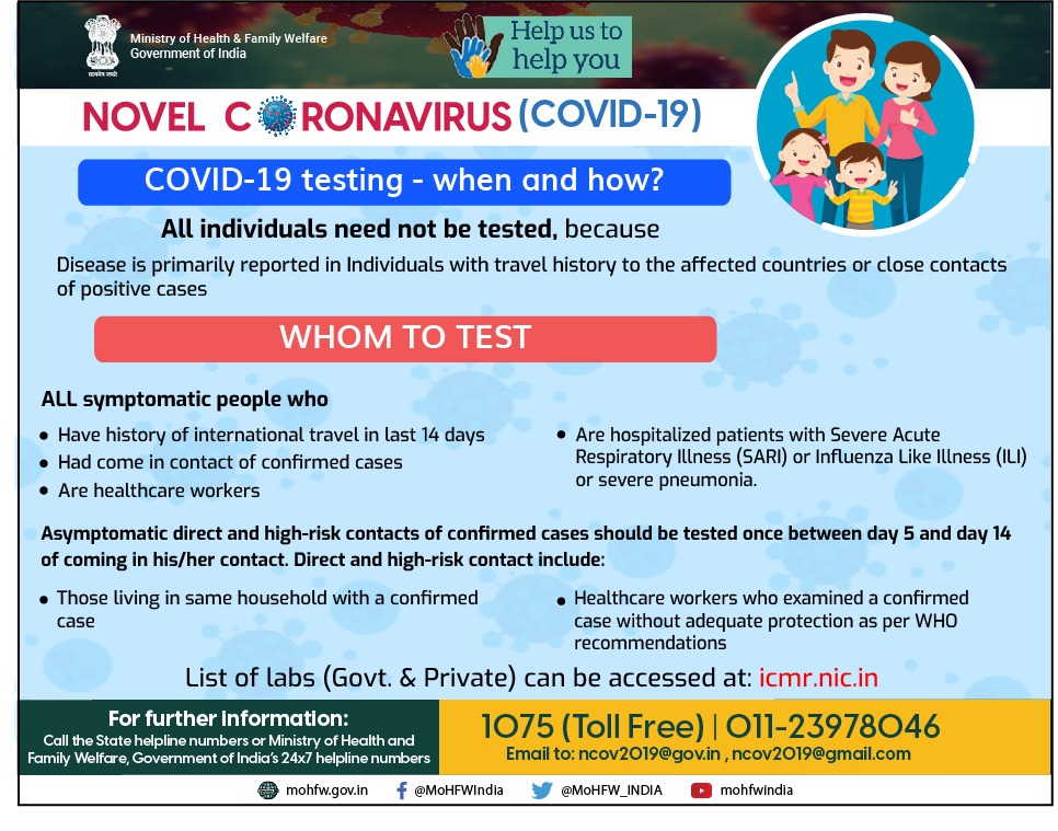 MoHFW_INDIA's tweet photo. #IndiaFightsCorona:

When should you get a test for #COVID19? Read here for more information.
The list of testing labs. is available at https://t.co/rrlQ1HGyvX

#CoronaOutbreak #HealthForAll #SwasthaBharat https://t.co/Whsqn9E6L7