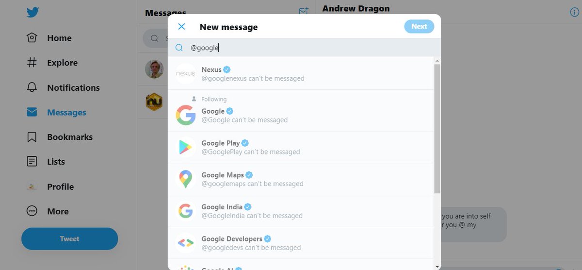 SlutnForLifePrb's tweet photo. @Google When I am trying to DM(Direct Message) from New Message option on twitter it is showing "Google can't be messaged" https://t.co/hOoWdLIqUt
