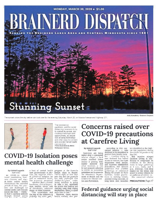 Dispatchbizbuzz's tweet photo. Here's a glimpse at Monday's front page. Maybe you caught the weekend sunset. If you didn't, here's what you missed -- and more local coverage related to the #coronavirus pandemic. #brainerddispatch #FRONTPAGE #covid19fccmn on newstands, online and in the e-edition. https://t.co/Par1ymrewZ