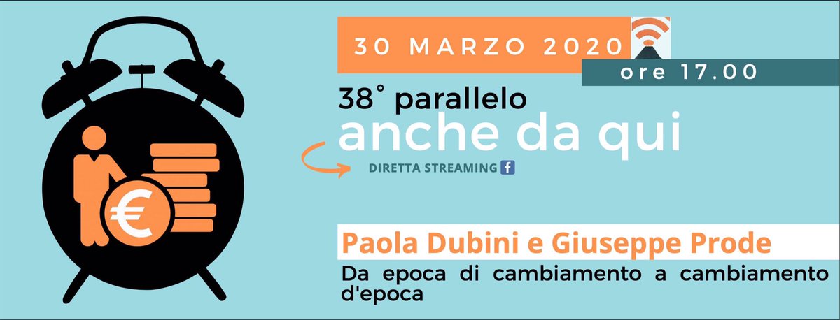 BiblioTp's tweet photo. ⭕️ 30 marzo 
🕓 ore 17.00
↘️ DA EPOCA DI CAMBIAMENTO A CAMBIAMENTO D’EPOCA 
🗣 Paola Dubini e Giuseppe Prode
🔴 in #streaming sulla pagina Facebook del @38_Parallelo 
#iorestoacasa https://t.co/is33ylUdEy