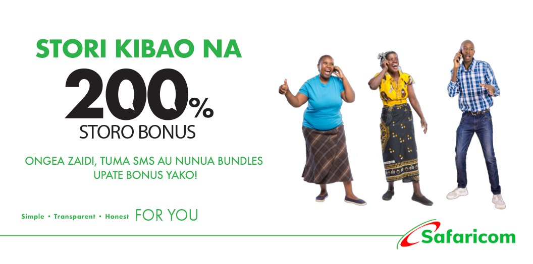 radiomaisha's tweet photo. Sasa, #StoroBonus sasa ni 200% unapofika target yako ya kila siku. Stori ibambe leo na Safaricom Storo Bonus. Ni rahisi kufika target yako ya kila siku! Usisubiri hadi jioni, nunua bundles ili uweze kufika target yako na mapema. Bonus hii inakamilika saa sita usiku. Get it early! https://t.co/VY5kCGIkro
