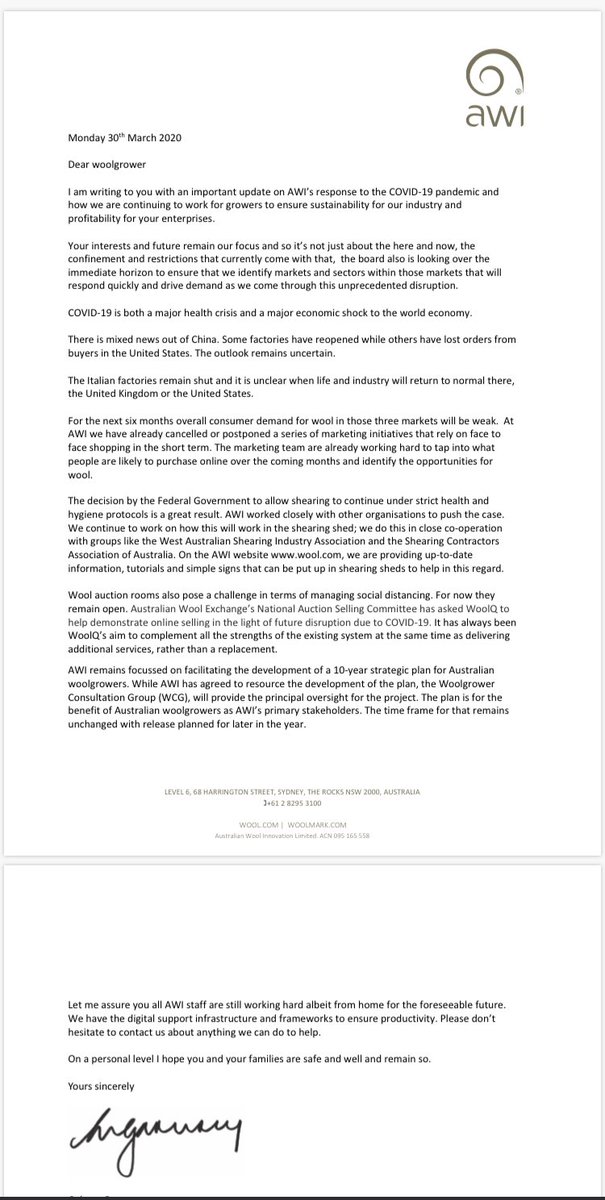 woolinnovation's tweet photo. AWI Chairman Colette Garnsey has written to wool growers re COVID-19. It can also be found is at https://t.co/9YildvWjqP
@NationalFarmers @WoolProducers @sheepconnectnsw @sheepsback @afsnsw @ausmerinos https://t.co/9sKQTiSB3P