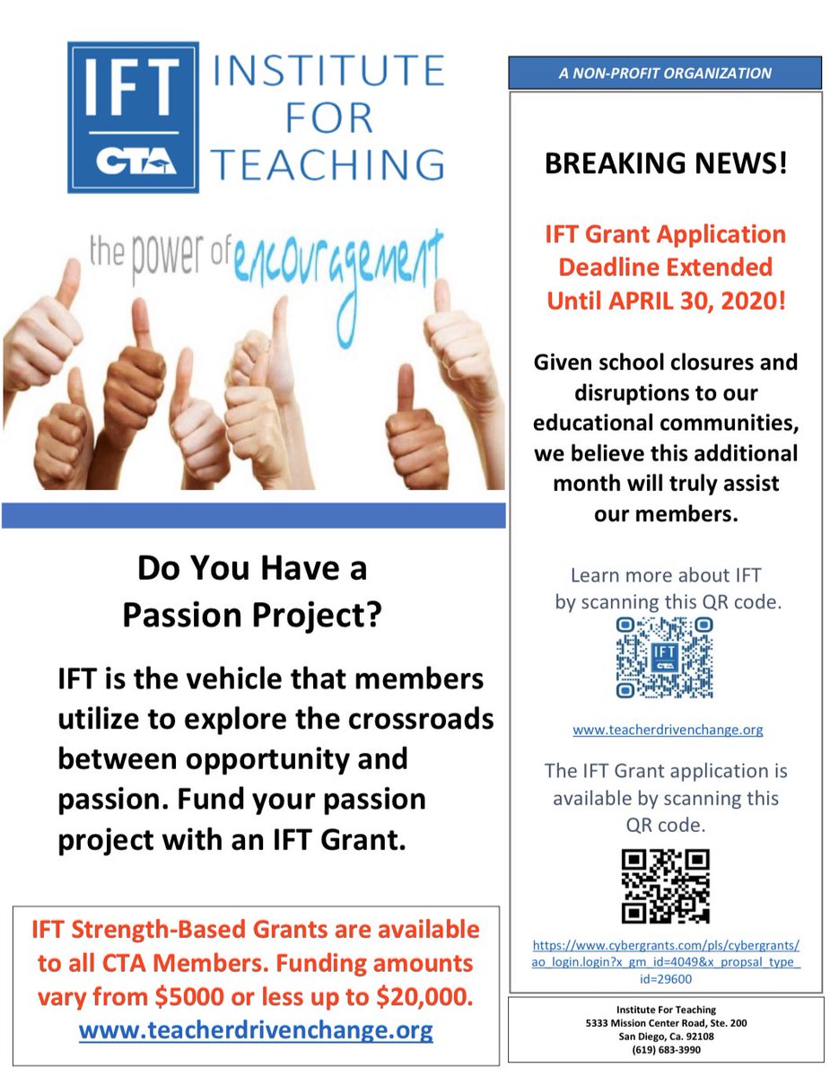 gale_dick's tweet photo. There is good news for CTA members! The deadline to apply for Institute for Teaching grants has been extended until April 30th. Please visit https://t.co/XNaa5EoQXz for a link to the application. #CTAIFT #WeAreCTA https://t.co/YG0wJCiE0E