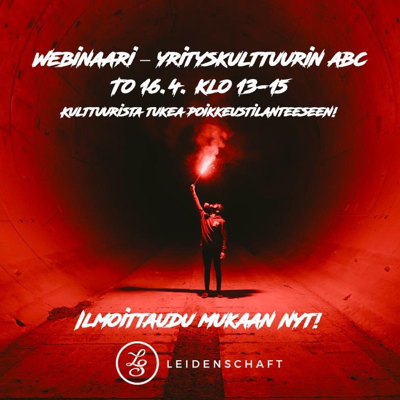 Jos yrityskulttuurin johtaminen on sulle alue, jossa haluisit kehittyä, niin nyt tässä poikkeustilanteessa on se hetki, kun viimeistään homma kannattaa ottaa hanskaan. Leidenschaft Oy eventbrite.fi/e/webinaari-yr…