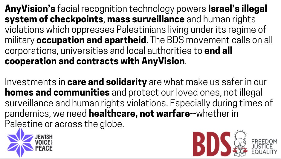 BDSmovement's tweet photo. Joint statement from the BDS Movement and @jvplive:

Microsoft’s decision to heed the calls of the campaign to drop the Israeli surveillance company AnyVision is a huge and timely #BDS victory. https://t.co/xtWdloqK4n