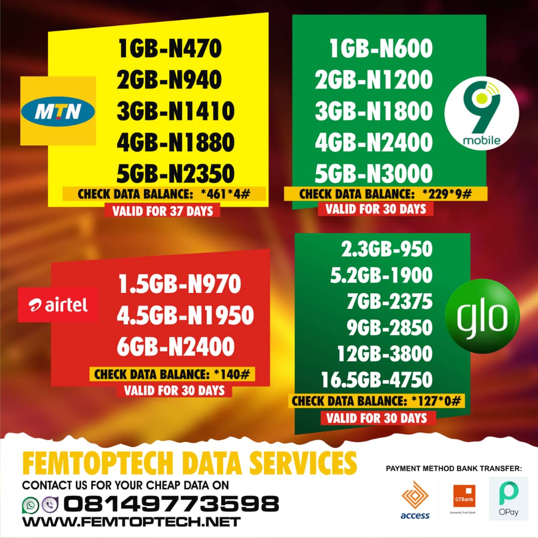 As we are demanding for #CutDataPrices, know that you can still get cheap SME data plans from us. Contact us via WhatsApp/Call 08149773598. We deliver with the speed of light!!! <a href="/femtoptech/">Femtoptech</a> 

Please RT for others to see.