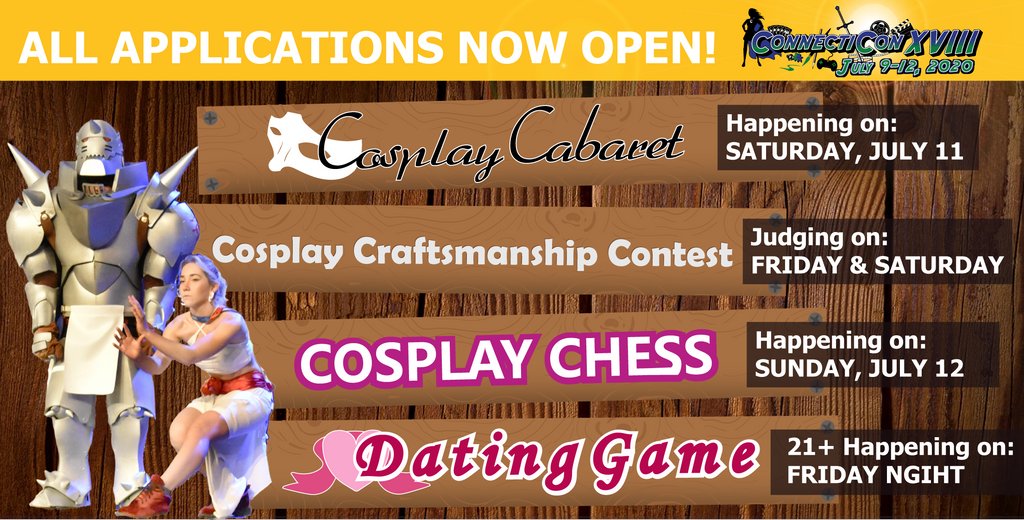 ConnectiCon's tweet photo. All event application forms are now LIVE! 🔴 Check it out! #CTCONXVIII⠀
Apply now! https://t.co/Sw5gtxb6H1
COSPLAY CABARET 🎭
COSPLAY CRAFTSMANSHIP CONTEST 🎀
COSPLAY CHESS 🤴
DATING GAME 💘
#cospaycontest #cosplayers #cosplaying #events #CTCON2020 #CTCONXVIII #mainevents https://t.co/Kg8pge3QPY