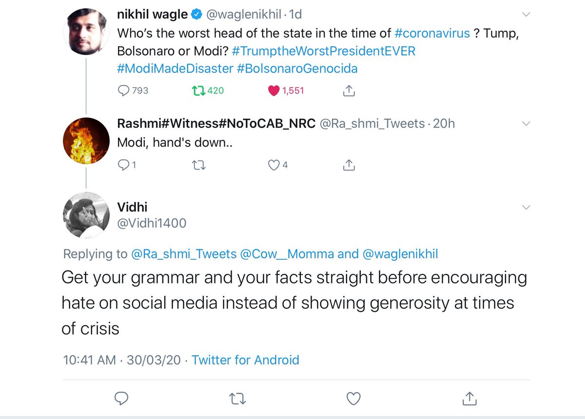 citizen_kau's tweet photo. Inability to use correct grammar does not affect the validity of any statement. 

But of course in* times of crisis’ we should worry more about proper grammar usage, rather than caring for those who are out there on the streets according to Vidhiji. 

#IndianElite https://t.co/5fEH8KCWhI