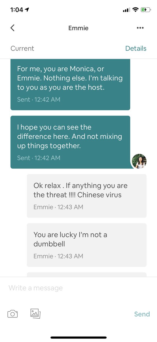 ViyaQu's tweet photo. I recently moved to Canada on March 4th, has been living in @Airbnb because of the situation. This host keep inviting people over and convince me the whole virus doesn’t exist and it’s a lie. I requested cancellation, and she called me Chinese virus. Need help. @AirbnbHelp https://t.co/tSadr5nG47