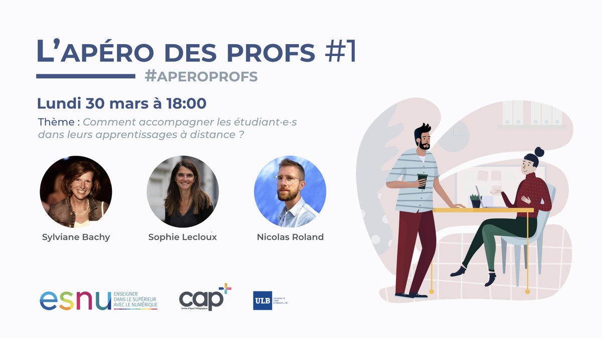 🚨 Le premier webinaire #aperoprofs se déroule ce soir à 18:00 !
On répond à vos questions et on explore avec @Sylviane_Bachy les manières pour accompagner les étudiante·s dans leurs apprentissages à distance ✌️

👉 Suivez-nous et posez vos questions sur apero.esnu.be