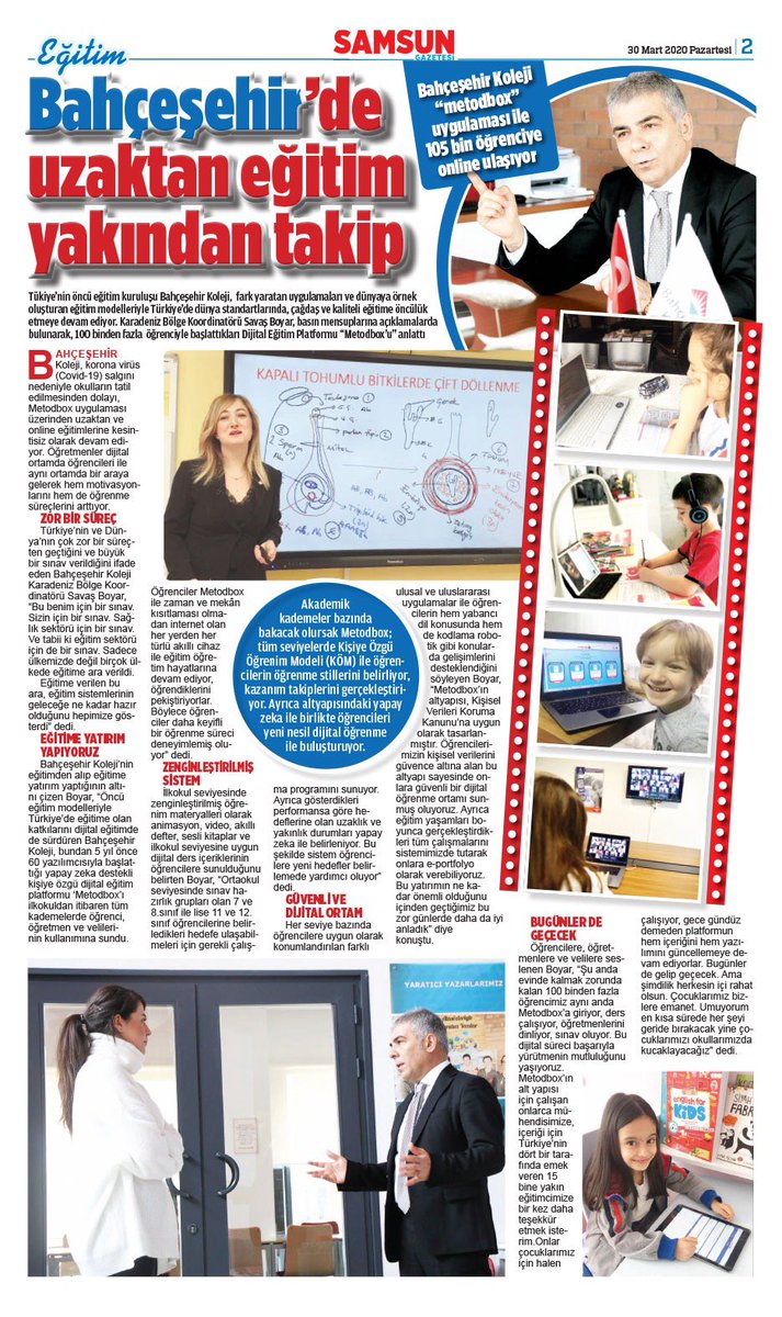 bhcshr_samlise's tweet photo. ‘’Bahçeşehir Koleji, Yapay Zeka Tabanlı uzaktan eğitim platformu @metodbox uygulaması ile Samsun basınında geniş yer buldu.’’ @samsun_gazetesi @HedefHALK @GazeteGercek https://t.co/qtEu23PfB6