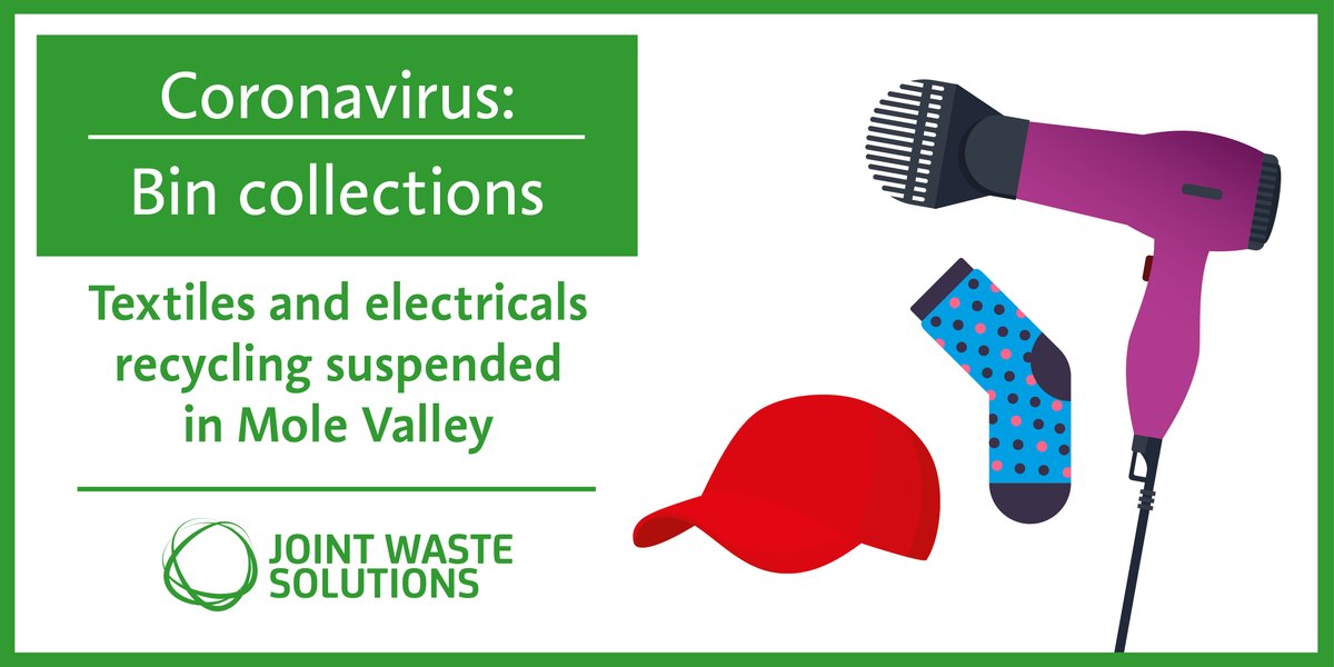 MoleValleyDC's tweet photo. Until further notice we will not be collecting textiles or electricals for recycling, please keep hold of these until the service returns to normal.

https://t.co/PlXXJincR4 

#bincollections #coronavirusuk #covid19UK https://t.co/prK7J4CdsN