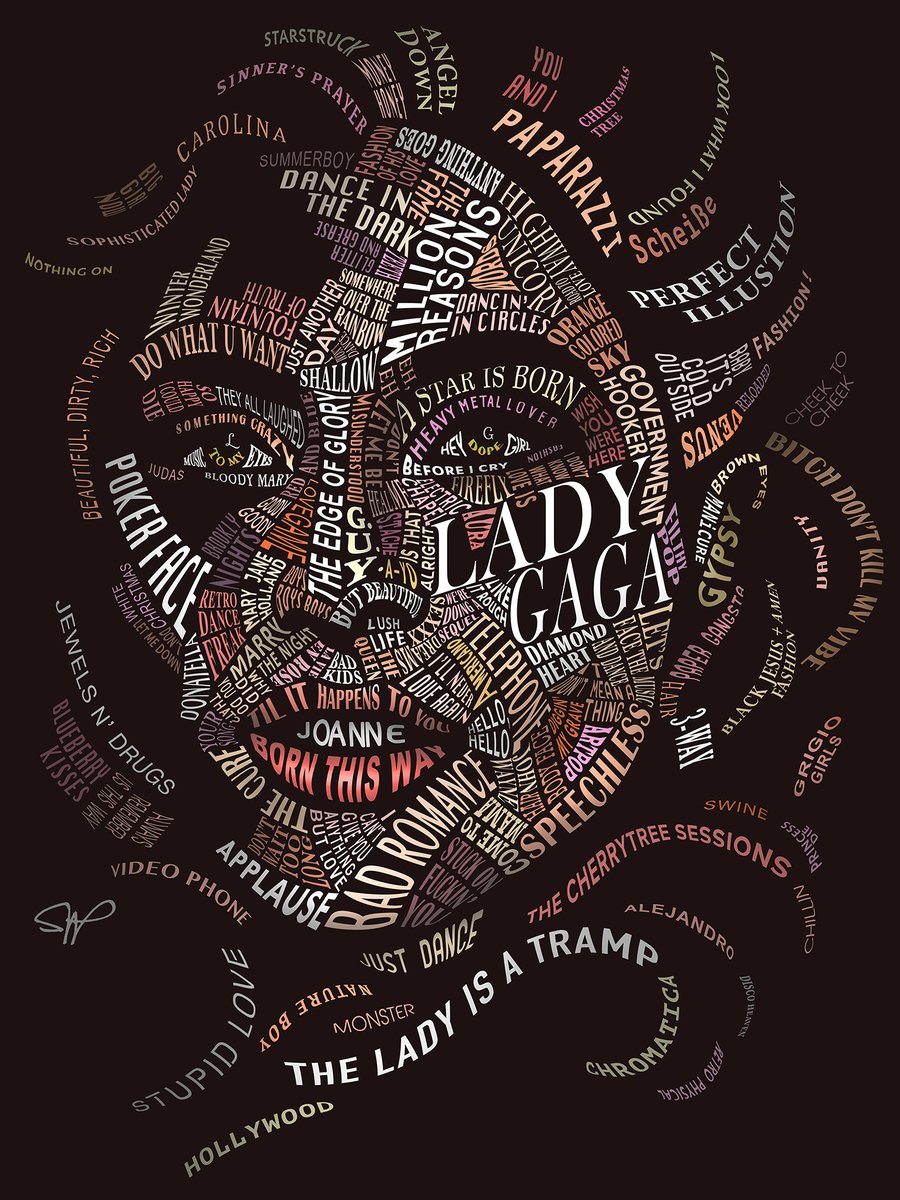 JillGiovanni's tweet photo. @ladygaga typography portrait update made from the song titles she has produced in her career 

@Photoshop #typography #wordart https://t.co/aB7dWjf3ie