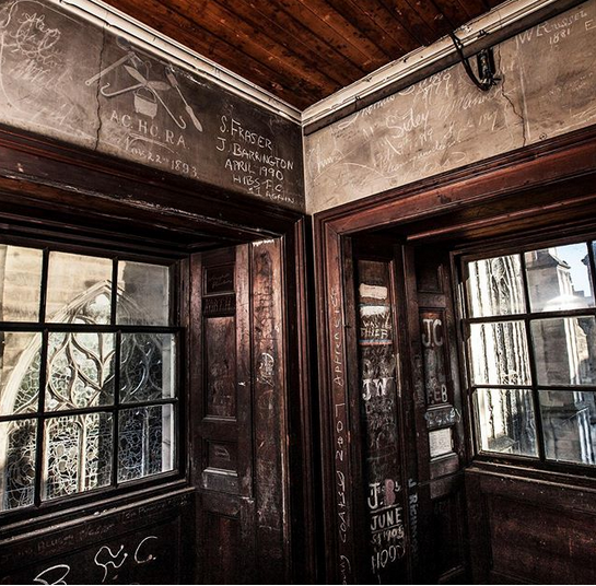 Unredecorated since 1815, accessible only by ladder - the Signet Library's secret room overlooking both Parliament Squares bears the painted, chalked, pencilled, painted names of craftspeople, drawings of their tools, the arms of their guilds (&amp; regiments if they'd fought)..(1)