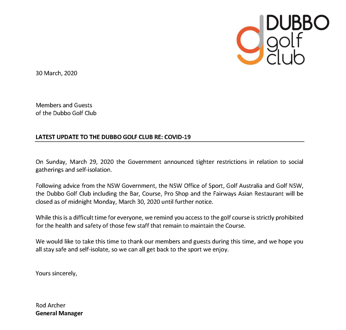 dubbogolf's tweet photo. It is with sadness we announce a full closure of the Dubbo Golf Club. This includes the course, bar, pro shop and restaurant until further notice. https://t.co/5MS0l48CNt