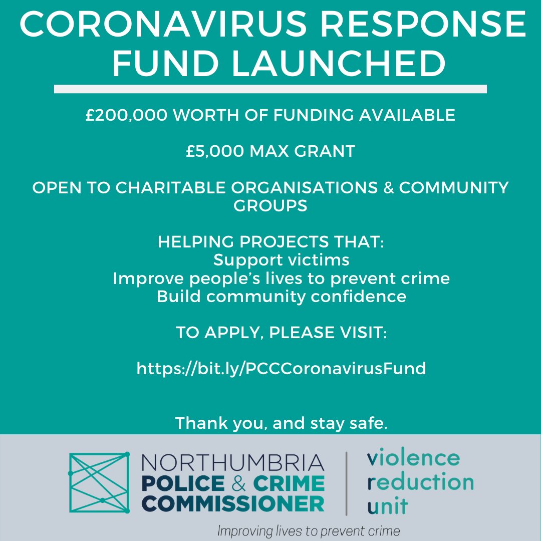NorthumbriaOPCC's tweet photo. 🚨 FUNDING ANNOUNCEMENT! 🚨

Today I am launching my Coronavirus Response Fund:

I have made available £200,000 for charitable organisations &amp; community groups to continue their vital work.

MORE INFO &amp; APPLY HERE ➡️ https://t.co/BzPcUlgf07

*PLEASE SHARE &amp; STAY SAFE* https://t.co/7mnbeDV65A