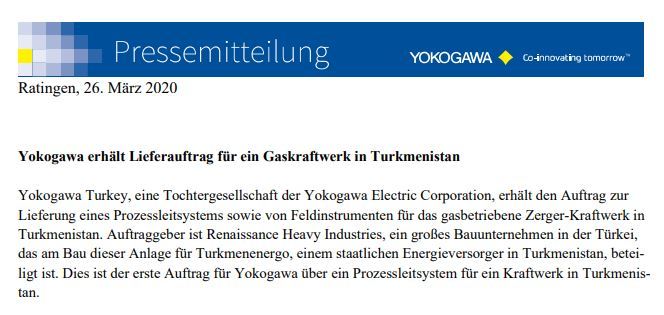YokogawaGER's tweet photo. #Pressemitteilung #Yokogawa Turkey erhält den Auftrag zur Lieferung eines Prozessleitsystems sowie von Feldinstrumenten für das gasbetriebene #Zerger-#Kraftwerk in #Turkmenistan.
#automation #news #prozessleitsystem #Energie
Zur Mitteilung:
https://t.co/igiVl1pSX4 https://t.co/Ii1DfanPkj