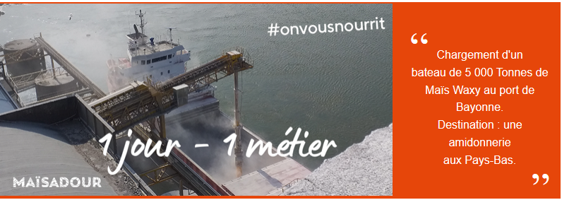 Maisadour's tweet photo. [1 JOUR - 1 ÉLU OU 1 MÉTIER DE VOTRE COOPÉRATIVE] 
#Maisadour #CooperativeAgricole #SudOuest

"Chargement d'un bateau de 5000 tonnes de Maïs Waxy au port de Bayonne. Destination : une amidonnerie aux Pays-Bas"

#onvousnourrit https://t.co/5AzNqXM66k