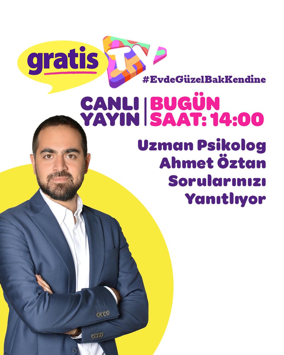 GratisTr's tweet photo. Uzman Psikolog Ahmet Öztan, koronavirüs gündeminin üzerinizde bıraktığı etkiler hakkında bilgilendirmek ve sorularınızı yanıtlamak için saat 14.00'de Gratis TV’de CANLI YAYINDA olacak! Sorularınızı bu gönderinin altına yorum olarak bekliyoruz. #EvdeGüzelBakKendine #GratisTV https://t.co/vuRgDTP77r