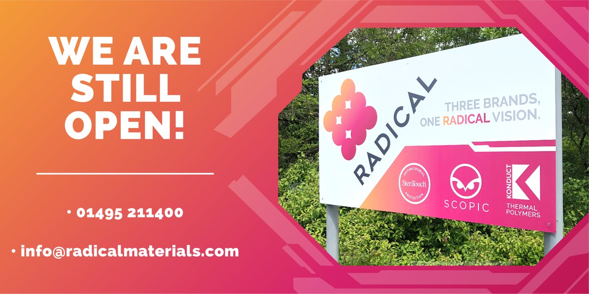 We would like to let our customers know that manufacturing continues at our base in South Wales.

Thank you all for your continued support, and hope everyone is staying safe. 

01495 211400
info@radicalmaterials.com

#radicalmaterials #steritouch #antimicrobial #covid19 #staysafe