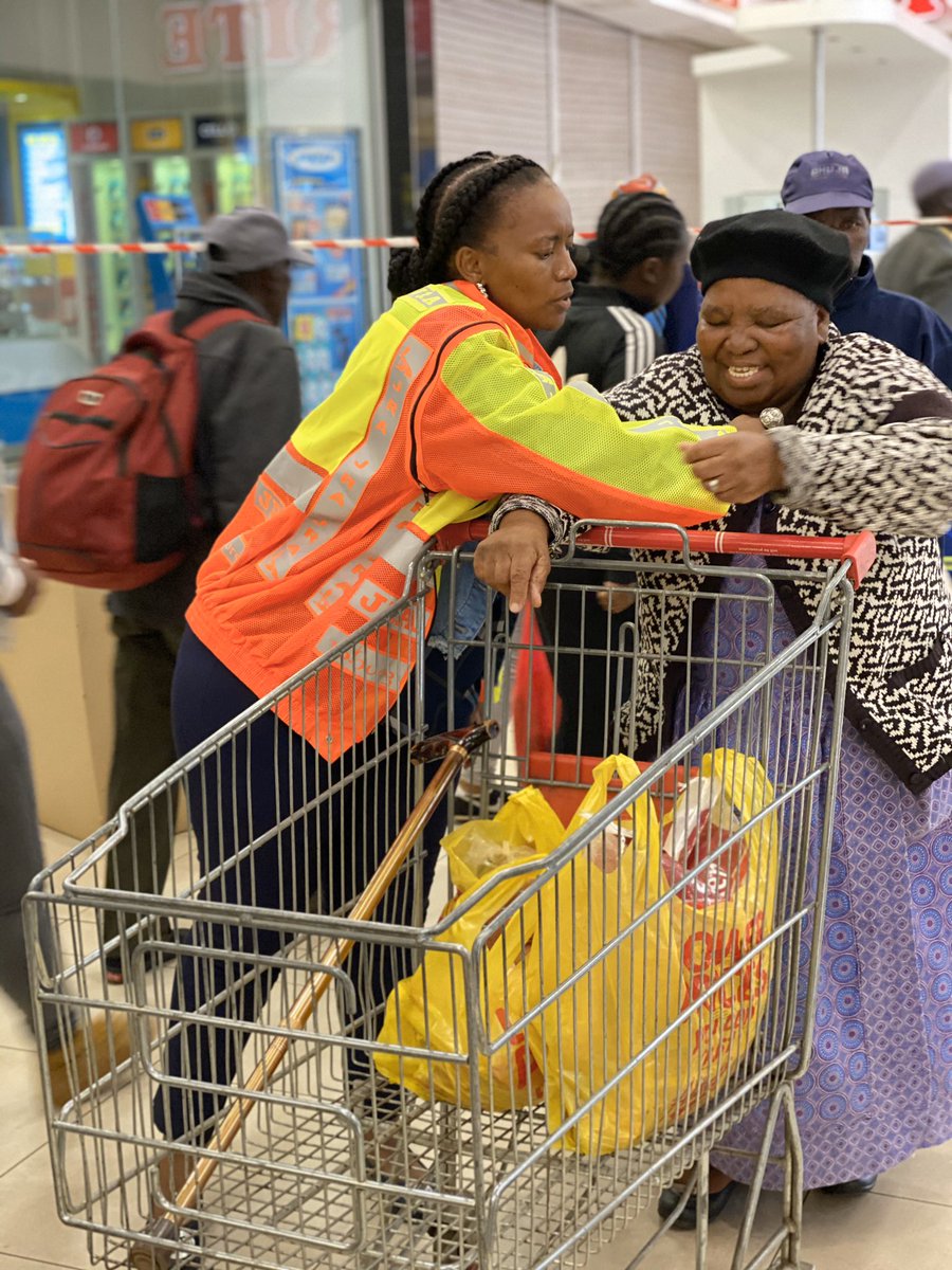 Loyiso_Masuku's tweet photo. We arrived in Eyethu Mall &amp; ensured elders are prioritized. Remember this week the most vulnerable come out to receive their grants &amp; our elders bodies aren’t strong enough to fight off the Corona Virus should they get infected with it. #Covid_19 #WeserveJoburg https://t.co/oE2z395zkL