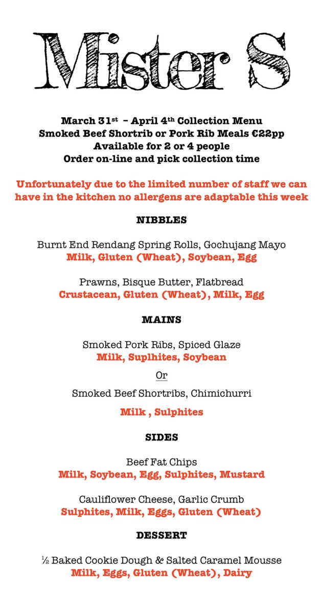 Mister_S_Dublin's tweet image. On Tuesday we will be starting a collection service. Order through the website and select a time that suits you. We have restricted orders to 15 a night to ensure social distance both for customers and staff. We would love your support. Re-tweets would be great. Stay safe xx