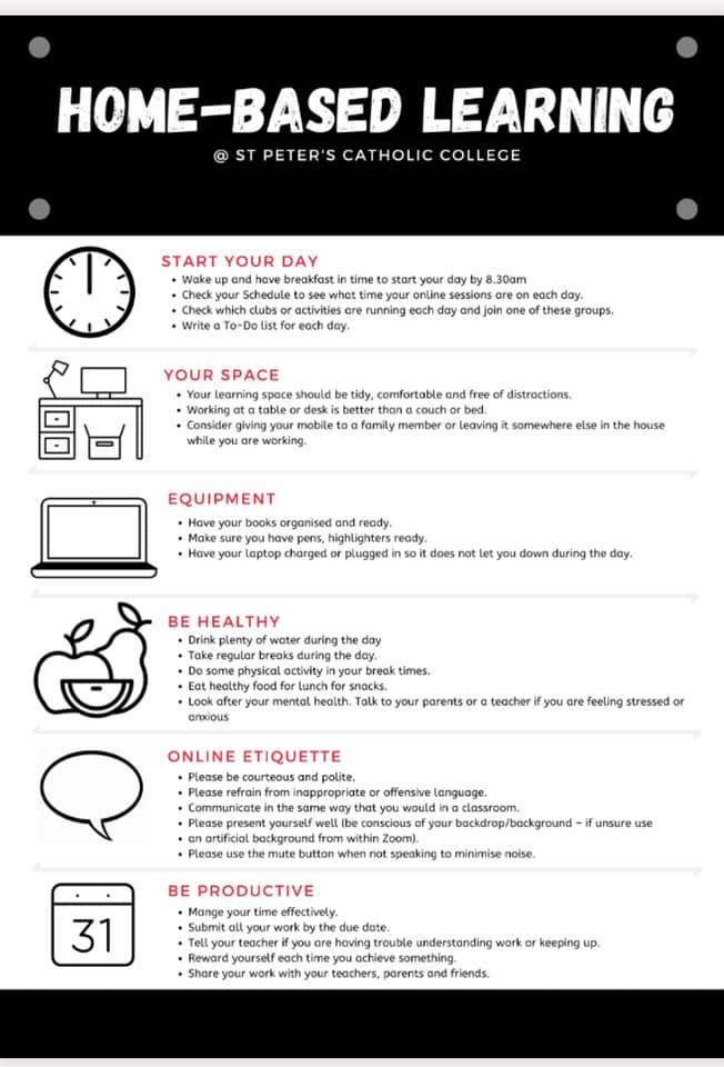 spcct's tweet photo. Students @spcct  Are you prepared for home-based learning? Please consider the points outlined in this handy infographic. #homelearning #covid19australia https://t.co/qhQU79VjoL