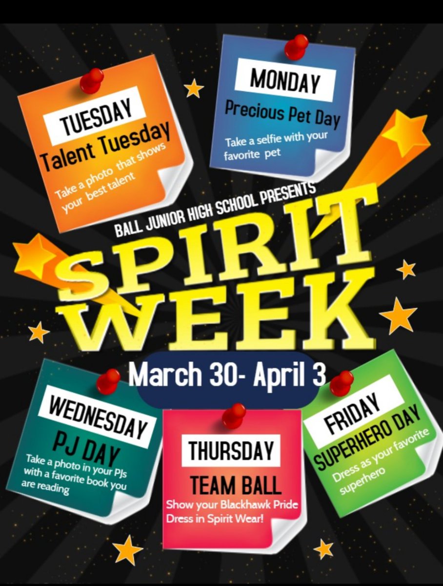 We are looking forward to our first Virtual Spirit week this week!  Send us your photos via Instagram <a href="/BallBlackhawks/">Ball JHS Blackhawks</a> or use this hashtag so we can repost! #Blackhawksvirtualspiritweek2020