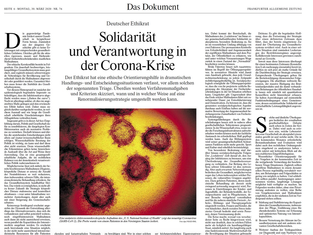 ethikrat's tweet photo. Die aktuelle Stellungnahme des @ethikrates zur #Corona-Krise #COVID19de heute in der @FAZ und unter https://t.co/LfdSPS50kU https://t.co/aTfuCh1xIq