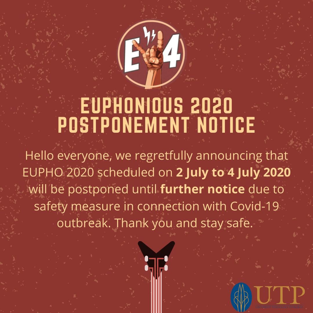EuphoniousUTP's tweet photo. Hi Everything!! 🤣🤣

Euphonious 2020 Postponement Notice.

Please follow our socmed account to get updated with Euphonious 2020.

Stay safe everyone.
Stay@home. https://t.co/LFzE2XJodA