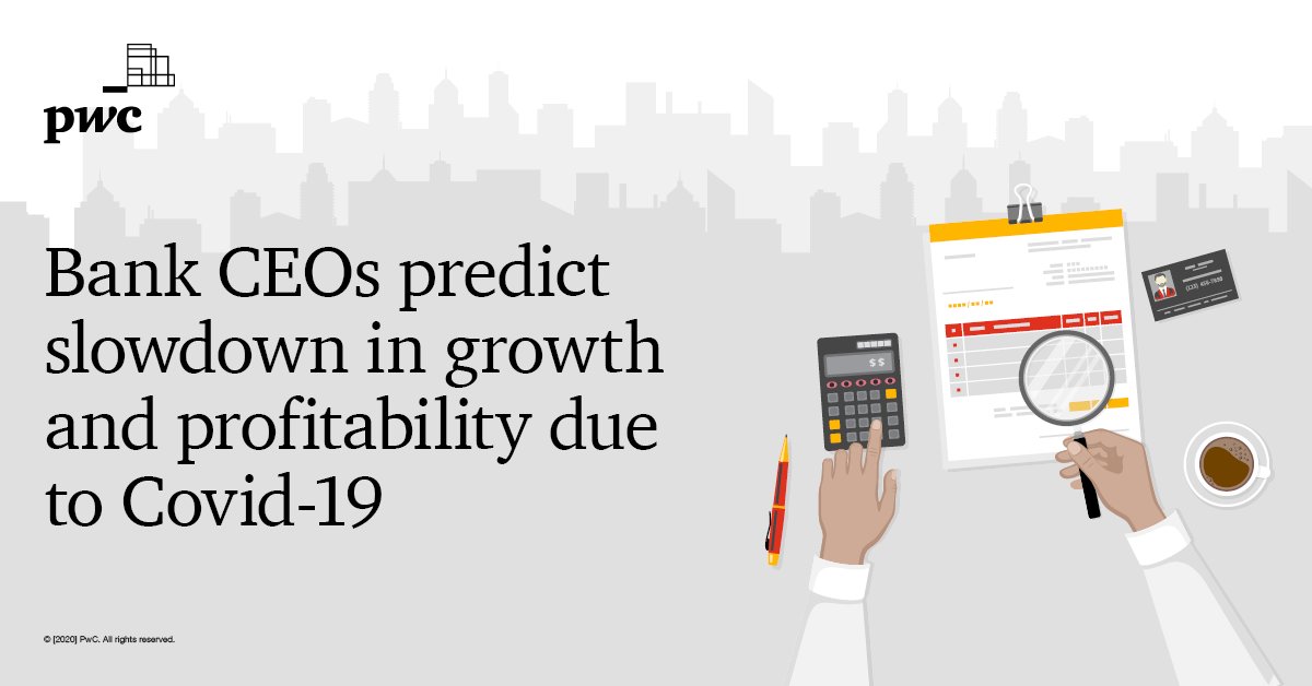 pwc_za's tweet photo. Bank CEOs predict slowdown in growth and profitability due to Covid-19, and other knock-on impacts on the economy in 2020: https://t.co/L1Ji8eQmCg #comingsoon #SAmajorbanksanalysis #lookbacklookforward https://t.co/hCutiMRNm2
