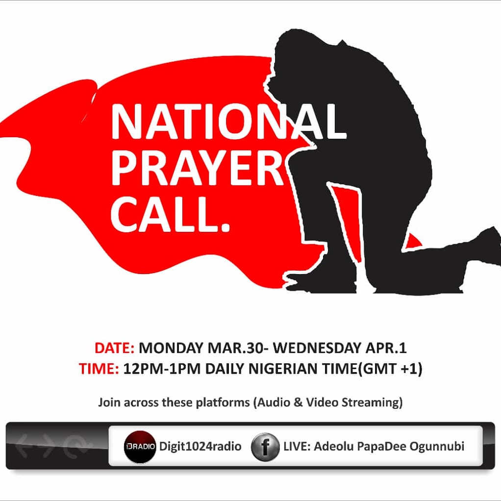 Pastordami3's tweet photo. If there’s a people to pray, there’s a God to answer.

Join in let’s pray an hour daily over the next 3days for our Land Nigeria, the Church and the world at large.

Audio stream via https://t.co/pzWXeaN9QE
Video stream on facebooklive: Adeolu PapaDee Ogunnubi

#Faithoverfear https://t.co/7aSnGA6OCu