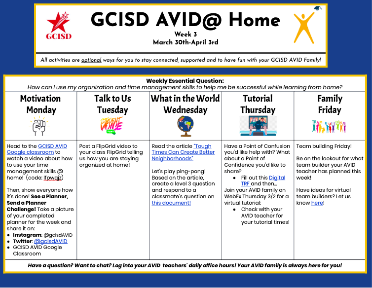 gcisdAVID's tweet photo. Rise and grind, AVID fam! Check out your GCISD AVID Weekly update! EQ: How can I use my organization and time management skills to help me be successful while learning from home?

Head to your teacher's Google Classroom &amp; the GCISD AVID Google Classroom for details! #ThisIsAVID https://t.co/NNCpPWJGlZ