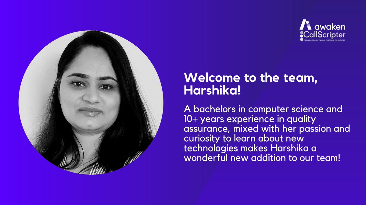 CallScripter's tweet image. Despite the current climate, we're fortunate enough to remain focused on growth. And with that, we're thrilled to welcome Harshika Temkar, our new QA Engineer to the team! 👋
Welcome onboard, Harshika! 🙌
#Welcome #WelcomeOnboard #NewJob