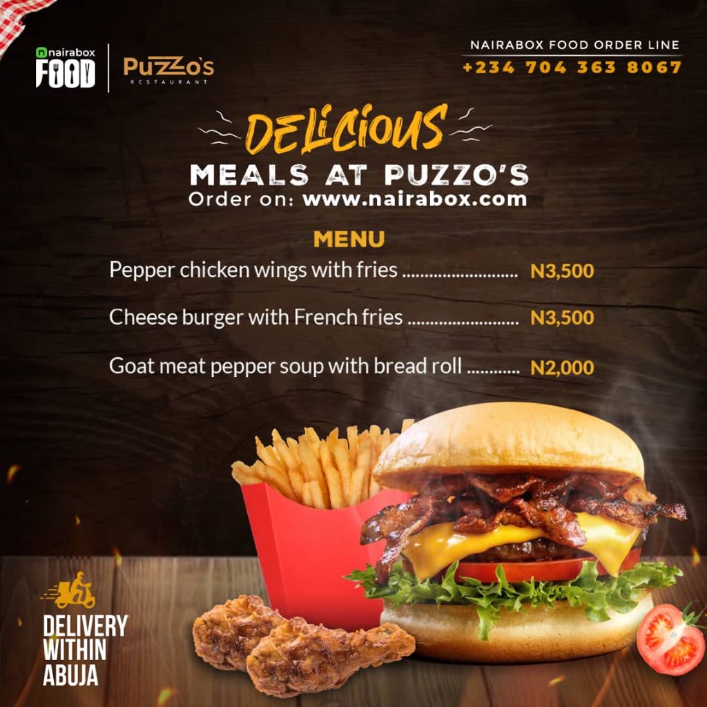 Order you tasty and scintillating meals at Puzzo in Abuja on nairabox.com or call/WhatsApp +2347043638067 to place your order. 
.
Get it delivered to your doorstep with Nairabox. 🚚 🍕 🥘 
#nairabox #nairaboxfood #BeSafe #getitdeliveredwithnairabox