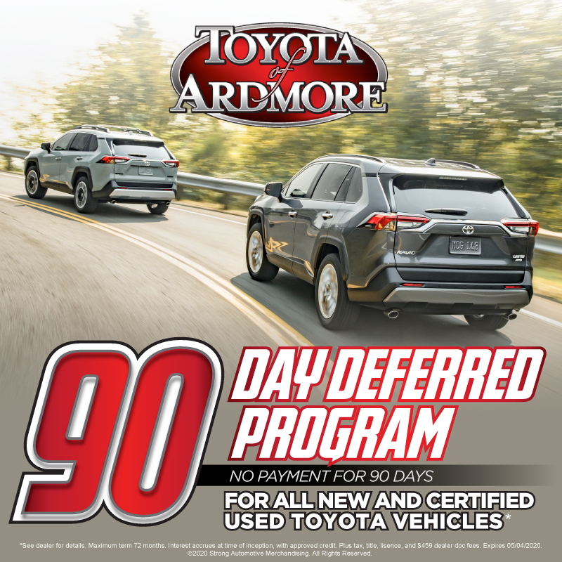 ToyotaofArdmore's tweet photo. Introducing the 90-Day Deferred Payment Program at #ToyotaofArdmore! Make no payments for 90 days on a new or certified used vehicle! Start shopping today! https://t.co/hKlZN2tCYR https://t.co/sU6s90AuLU