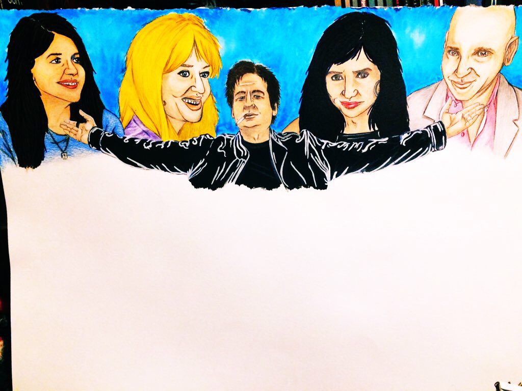 Alright! I’ve knocked out the main people, so that leaves 16 more to add, the logo and I’ll be done! #Californication #DavidDuchovny #MadelineMartin #NatashaMcelhone #PamelaAdlon #EvanHandler #wip #quARTine #art #coloredpencil #watercolor