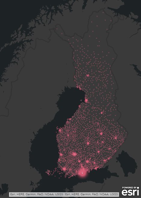 Oliko jollain parempaa tietoa miten väestötiheys mahtaa vaikuttaa koronan leviämisnopeuteen muiden muuttujien lisäksi? Ainakin taustadataa olisi tarjolla. Oheinen kartta on laskettu postinumerotarkasta tiedosta väkiluku/postinumeron pinta-ala #koronafi #paikkatieto #avoindata
