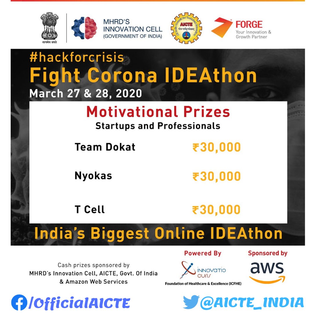 AICTE_INDIA's tweet image. #Winners of #FightCoronaIDEAthon @ #AICTEdge:

Motivational Prizes for #Startups &amp;amp; #Professionals category:

#FightCorona #IDEAthon #IndiaFightsCorona #FightAgainstCoronavirus #FightAgainstCOVID19 #FightAgainstCorona @PIB_India @mygovindia @startupindia @IndiaDST @DIPPGOI