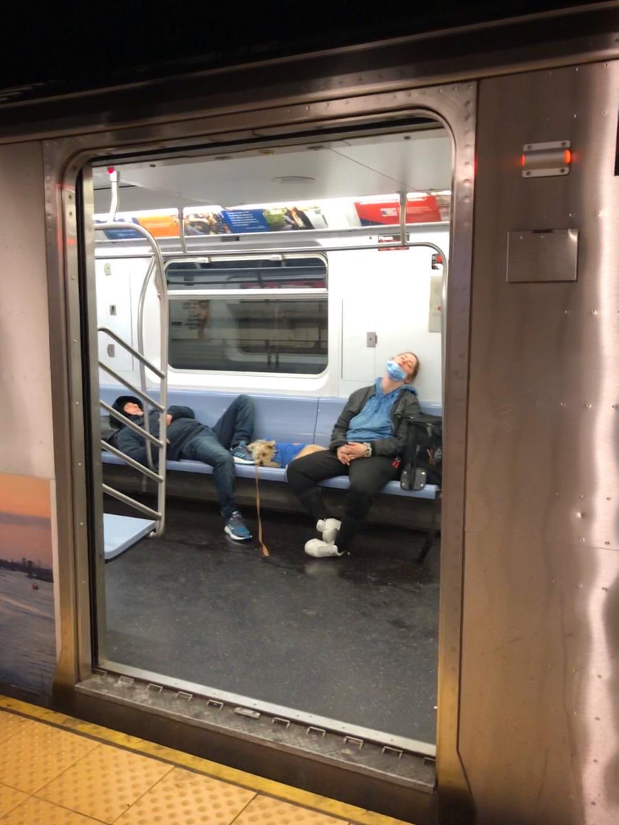 dashak135's tweet photo. How can the spread stop when all subway cars are full of infected homeless people? @MTA this is putting our essential workers at high risk! Please take measures. #COVID19 #StopTheSpread #EssentialWorker https://t.co/52cZjYBgbU
