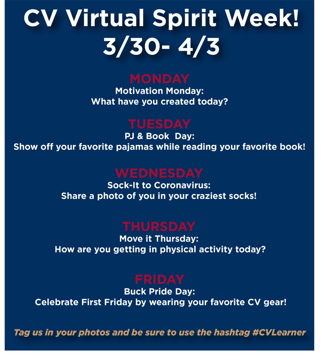 CVBuckskins's tweet photo. Today kicks off our Virtual Spirit Week! It's #MotivationMonday - CV students, we want to see what you have created today! Tag us in your photos and use the hashtag #CVLearner to share how you're participating this week! https://t.co/cU6Y5MVkXq