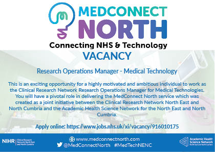 Looking for a new career in #MedTech?

There are just 2 days left to apply for the @MedConnectNorth Research Operations Manager role.

Find out more: jobs.nhs.uk/xi/vacancy/916…
Closing date: 1 April
Interview date: 20 April

#MedTechNENC #MedicalTechnology #ResearchNENC
@AHSN_NENC