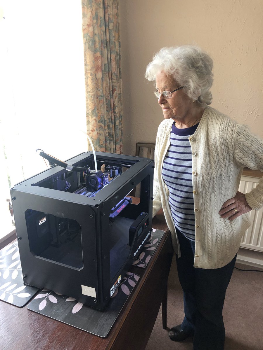 UrbnHax's tweet photo. Up at Urban Hax North @UrbnHax in #Durham (Mum's house!) where the #3Dprinting production line is in full swing making face masks for staff at a hospital in #Bristol to help them fend off #coronavirus. Here's Mum doing some quality control! https://t.co/QvK48xQjdJ